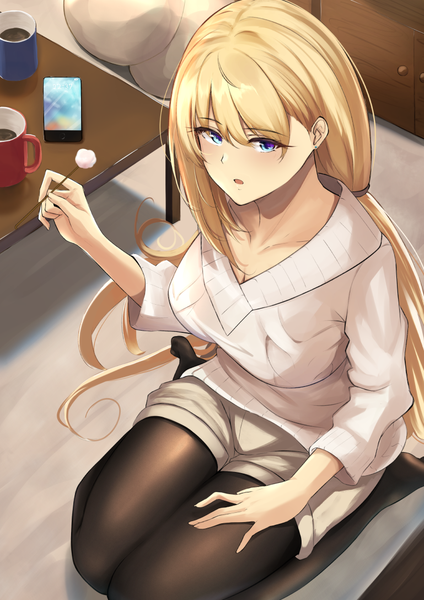Anime picture 769x1087 with original yamikyon single long hair tall image looking at viewer blush fringe breasts open mouth blue eyes blonde hair hair between eyes standing sitting holding full body bent knee (knees) indoors long sleeves