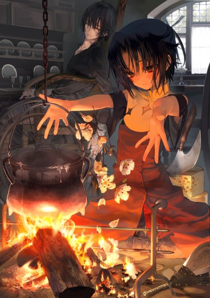 Anime picture 2893x4092 with isekai meikyuu no saishinbu wo mezasou ukai saki tall image blush highres short hair black hair brown eyes eyes closed girl dress boy flower (flowers) petals fire