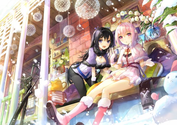 Anime picture 1500x1067 with original fuumi (radial engine) long hair looking at viewer fringe open mouth black hair sitting purple eyes multiple girls pink hair cleavage ahoge pink eyes :o fur trim snowing winter snow on all fours