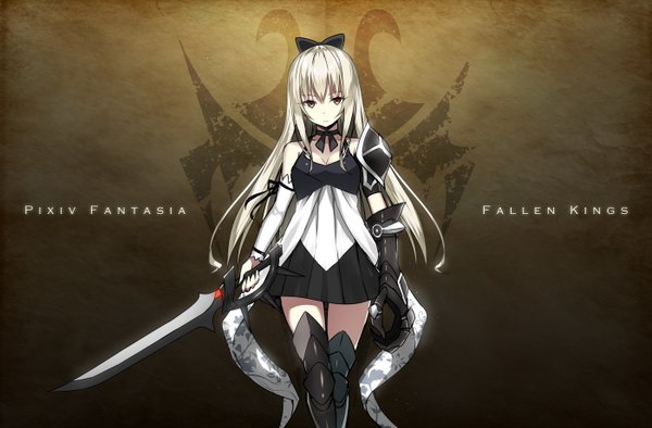 Anime picture 1400x920 with original pixiv fantasia pixiv fantasia fallen kings sky-freedom single long hair looking at viewer blonde hair red eyes inscription zettai ryouiki girl thighhighs dress bow hair bow detached sleeves choker armor thigh boots