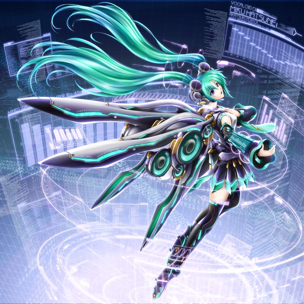 Anime picture 1500x1500 with vocaloid hatsune miku akatsuki matsumoto single long hair twintails purple eyes green hair mechanical wings girl thighhighs black thighhighs detached sleeves miniskirt headphones