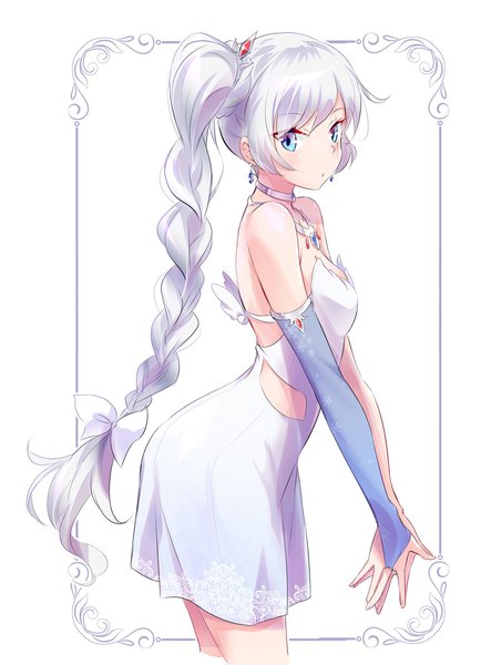 Anime picture 1280x1734 with rwby rooster teeth weiss schnee iesupa single long hair tall image looking at viewer fringe breasts blue eyes light erotic simple background white background silver hair braid (braids) side ponytail scar hands clasped girl