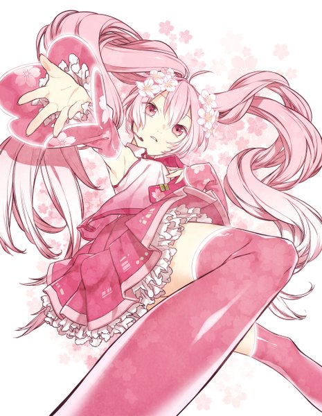 Anime picture 1000x1290 with vocaloid hatsune miku sakura miku rururara single long hair tall image twintails pink hair pink eyes girl thighhighs skirt flower (flowers) detached sleeves miniskirt petals pink skirt