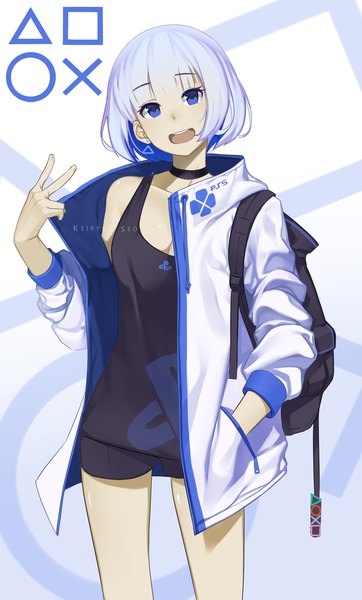 Anime picture 1575x2604 with original sony ps5 chan keiryuu seo single tall image looking at viewer short hair open mouth blue eyes simple background standing blue hair silver hair head tilt multicolored hair open jacket two-tone hair copyright name victory