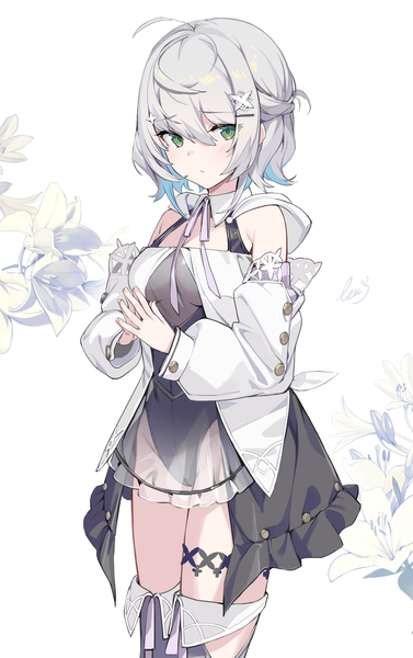 Anime picture 2608x4147 with original ikomochi single tall image looking at viewer fringe highres short hair light erotic simple background hair between eyes standing white background green eyes ahoge grey hair floral background fingers together girl hair ornament