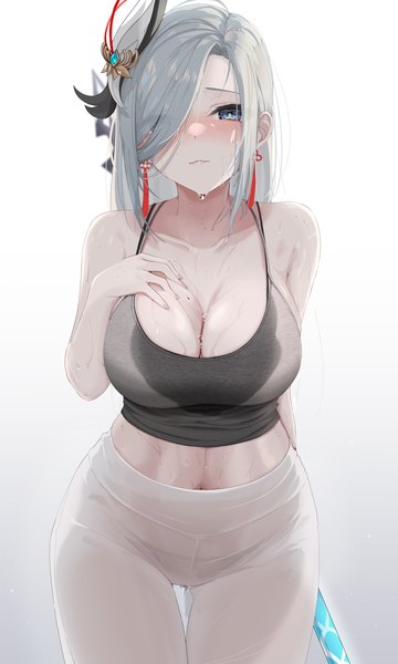 Anime picture 4500x7500 with genshin impact shenhe (genshin impact) gwan-e single long hair tall image looking at viewer blush fringe highres breasts blue eyes light erotic simple background large breasts standing white background bare shoulders absurdres silver hair