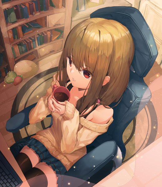 Anime picture 2887x3328 with original munseonghwa single long hair tall image fringe highres breasts hair between eyes red eyes brown hair sitting holding payot looking away indoors parted lips pleated skirt from above off shoulder