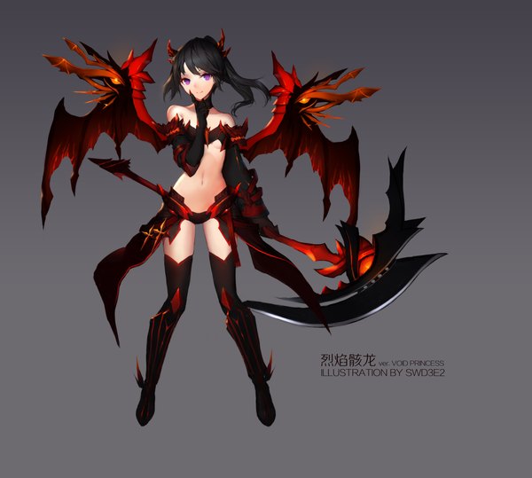 Anime picture 4726x4252 with elsword aisha landar void princess (elsword) swd3e2 single long hair looking at viewer fringe highres breasts light erotic black hair simple background smile standing purple eyes bare shoulders signed absurdres ponytail