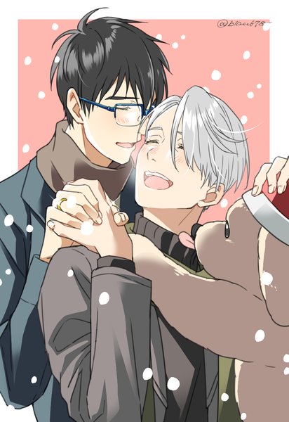 Anime picture 840x1222 with yuri!!! on ice mappa viktor nikiforov katsuki yuuri makkachin natsuko (bluecandy) tall image blush fringe short hair open mouth black hair silver hair eyes closed hair over one eye multiple boys couple holding hands snowing pink background