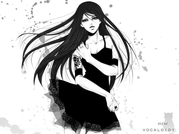 Anime picture 1024x768 with vocaloid mew single long hair highres open mouth black hair black eyes tattoo monochrome girl dress black dress