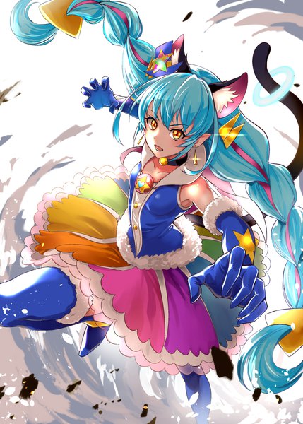 Anime picture 2591x3624 with precure star twinkle precure toei animation yuni (precure) cure cosmo pukara single tall image looking at viewer fringe highres open mouth hair between eyes animal ears yellow eyes payot blue hair tail braid (braids) very long hair