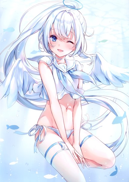 Anime picture 2431x3421 with original komeshiro kasu single tall image looking at viewer blush fringe highres open mouth blue eyes light erotic hair between eyes bent knee (knees) white hair ponytail very long hair one eye closed wink scan bare belly