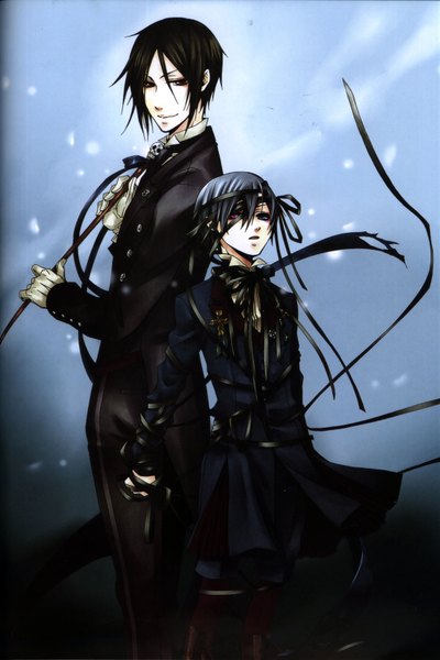 Anime picture 2244x3364 with kuroshitsuji a-1 pictures sebastian michaelis ciel phantomhive tall image looking at viewer highres short hair black hair red eyes multiple boys heterochromia butler boy gloves bowtie 2 boys suit