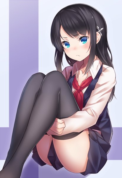 Anime picture 688x1000 with original ray-akila single long hair tall image looking at viewer blush blue eyes black hair sitting leg hug girl thighhighs skirt hair ornament black thighhighs miniskirt shirt vest