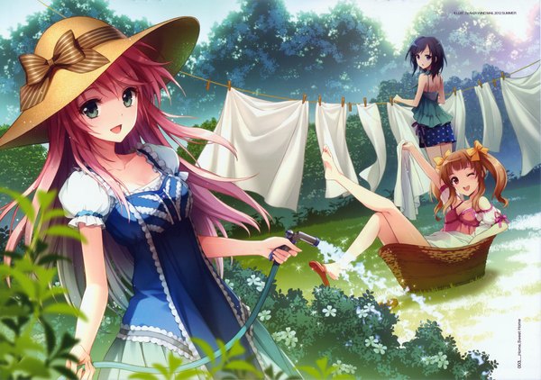 Anime picture 3644x2566 with original an2a long hair looking at viewer blush highres short hair open mouth blue eyes black hair red eyes brown hair purple eyes bare shoulders multiple girls pink hair absurdres one eye closed barefoot wink