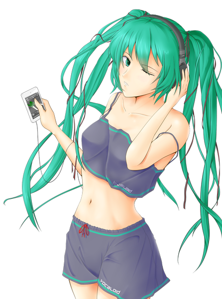 Anime picture 1040x1400 with vocaloid hatsune miku enchuu single long hair tall image light erotic twintails one eye closed aqua eyes wink aqua hair transparent background girl navel headphones phone