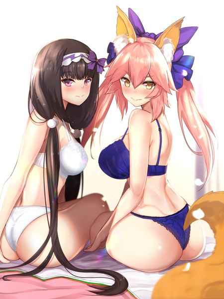 Anime picture 1359x1811 with fate (series) fate/grand order fate/extra tamamo (fate) (all) tamamo no mae (fate) osakabe-hime (fate/grand order) untue long hair tall image looking at viewer blush fringe breasts light erotic black hair simple background hair between eyes large breasts sitting twintails