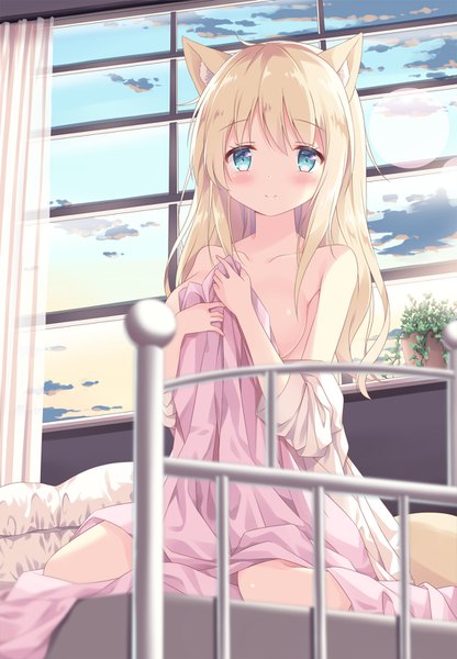 Anime picture 1110x1600 with original satsuki yukimi single long hair tall image looking at viewer blush fringe breasts light erotic blonde hair smile hair between eyes sitting bare shoulders holding animal ears payot sky cloud (clouds)