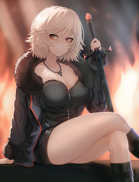 Anime picture 1035x1350 with fate (series) fate/grand order jeanne d'arc (fate) (all) jeanne d'arc alter (fate) ehrrr single tall image looking at viewer blush fringe short hair breasts light erotic hair between eyes holding signed yellow eyes cleavage silver hair long sleeves