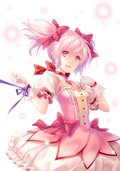 Anime picture 707x1000 with mahou shoujo madoka magica shaft (studio) kaname madoka tidsean single tall image looking at viewer short hair open mouth simple background red eyes white background twintails pink hair short twintails girl dress gloves bow hair bow