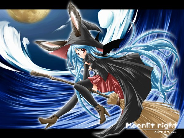 Anime picture 1024x768 with original kamiya tomoe long hair red eyes animal ears blue hair very long hair bunny ears bat wings witch thighhighs black thighhighs hat wings moon cape witch hat broom