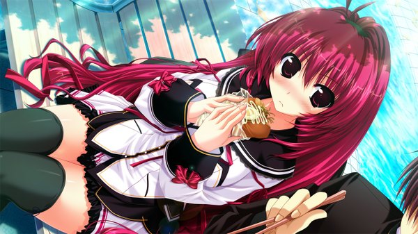 Anime picture 1280x720 with kamikaze explorer! yuutenji mishio oshiki hitoshi long hair blush red eyes wide image game cg red hair girl thighhighs black thighhighs serafuku