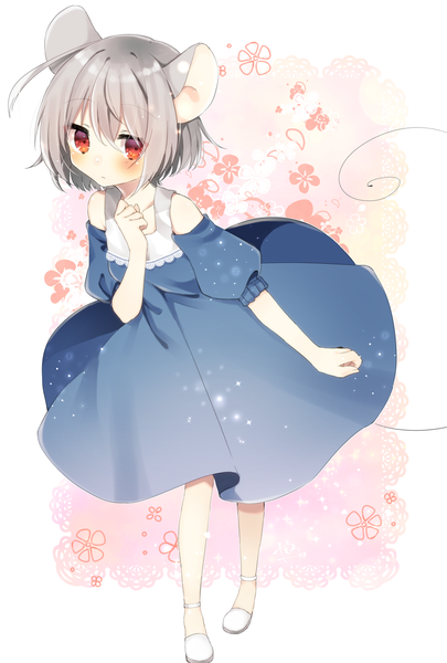 Anime picture 1378x2039 with touhou nazrin abe suke single tall image looking at viewer short hair simple background red eyes standing animal ears full body tail animal tail grey hair leaning alternate costume puffy sleeves mouse ears mouse tail