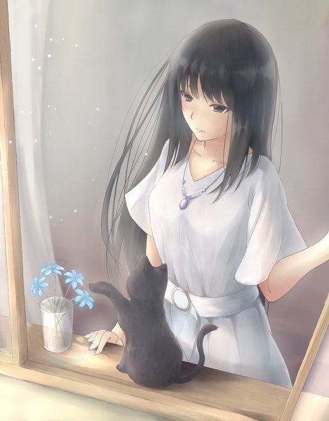 Anime picture 1040x1328 with original tanpaku-chan single long hair tall image blush fringe black hair standing looking away indoors light smile black eyes short sleeves girl dress flower (flowers) animal belt window