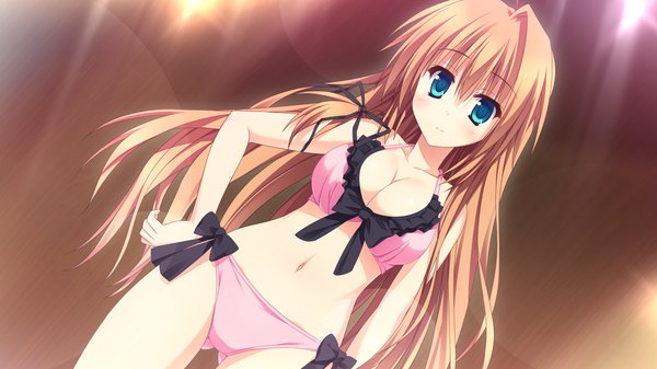 Anime picture 1280x720 with koishiki manual ichinose himeno saeki nao single long hair looking at viewer blush breasts light erotic blonde hair wide image large breasts bare shoulders game cg cleavage aqua eyes light smile bare belly hand on hip underwear only
