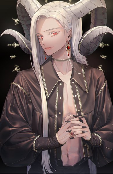 Anime picture 1396x2149 with original nolang single tall image looking at viewer simple background red eyes standing silver hair upper body long sleeves very long hair nail polish head tilt horn (horns) fingernails light smile pointy ears open shirt puffy sleeves