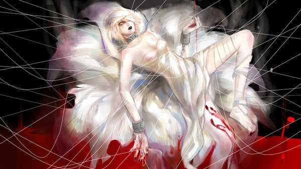 Anime picture 1600x900 with tagme (copyright) gackpokaito single looking at viewer short hair blonde hair wide image bare shoulders yellow eyes lying barefoot on back lipstick bandage over one eye girl dress flower (flowers) blood collar bandage (bandages)