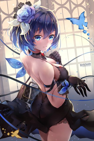 Anime picture 1800x2700 with benghuai xueyuan honkai (series) seele vollerei asc11 single tall image looking at viewer blush fringe highres short hair breasts blue eyes light erotic smile hair between eyes large breasts standing bare shoulders signed