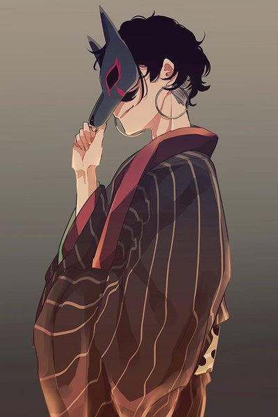 Anime picture 684x1024 with original chien jauques zabeo0125 single tall image short hair black hair simple background smile standing holding traditional clothes japanese clothes profile grey background wide sleeves gradient background striped smirk covering eye (eyes)