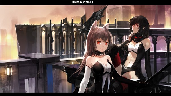 Anime picture 1890x1063 with original pixiv fantasia pixiv fantasia t swd3e2 long hair looking at viewer highres black hair red eyes brown hair wide image bare shoulders multiple girls girl dress gloves navel weapon 2 girls sword