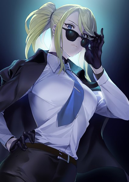 Anime picture 896x1267 with original soupchan single long hair tall image looking at viewer fringe blue eyes simple background blonde hair hair between eyes payot upper body ponytail long sleeves arm up from below hand on hip clothes on shoulders adjusting sunglasses