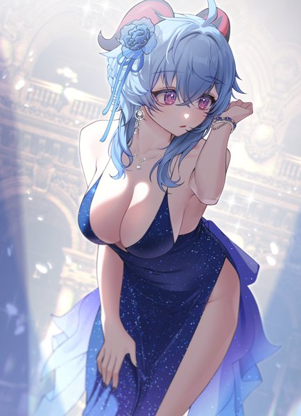 Anime picture 1609x2226 with genshin impact ganyu (genshin impact) mellozzo single long hair tall image fringe breasts light erotic hair between eyes large breasts standing purple eyes bare shoulders blue hair looking away ahoge arm up hair flower horn (horns)
