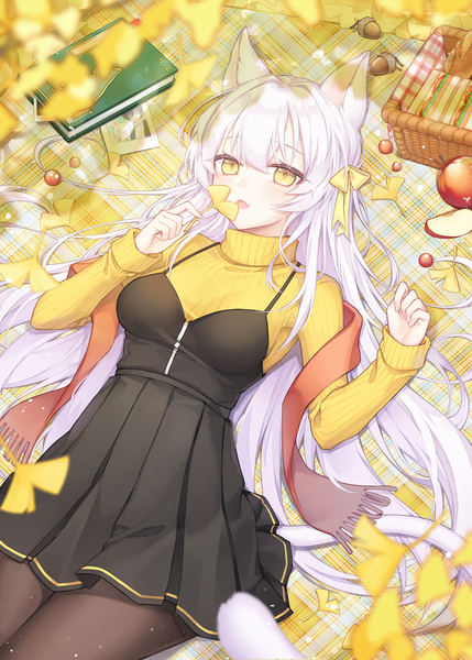Anime picture 800x1118 with original pong (vndn124) single long hair tall image looking at viewer blush fringe open mouth hair between eyes holding animal ears yellow eyes outdoors white hair tail lying long sleeves animal tail from above