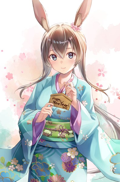 Anime picture 800x1213 with arknights amiya (arknights) sebu illust single long hair tall image blush fringe blue eyes hair between eyes brown hair animal ears traditional clothes japanese clothes light smile bunny ears low ponytail new year happy new year 2023
