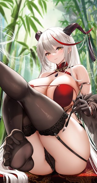 Anime picture 4200x7920 with azur lane aegir (azur lane) aegir (golden dragon among auspicious clouds) (azur lane) liu liaoliao single tall image looking at viewer blush fringe highres breasts light erotic hair between eyes large breasts sitting bare shoulders holding yellow eyes absurdres cleavage