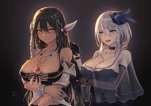 Anime picture 2036x1440 with azur lane south dakota (azur lane) washington (azur lane) 5555 96 long hair blush fringe highres breasts open mouth blue eyes light erotic black hair simple background hair between eyes large breasts standing bare shoulders multiple girls payot