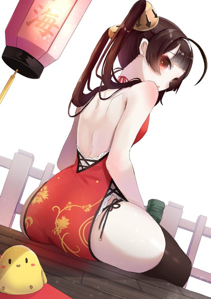 Anime picture 1061x1500 with azur lane manjuu (azur lane) ping hai (azur lane) amahara pekozaemon single long hair tall image light erotic red eyes brown hair sitting twintails payot ahoge traditional clothes chinese clothes side slit bare back body blush white skin