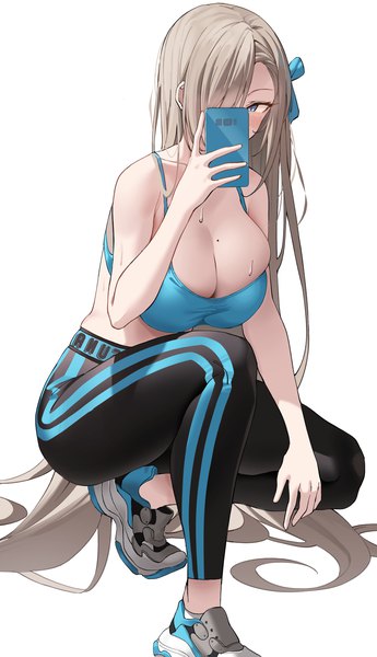 Anime picture 1078x1873 with blue archive asuna (blue archive) k pring single tall image looking at viewer blush fringe breasts blue eyes light erotic simple background blonde hair large breasts white background bare shoulders holding cleavage bent knee (knees) very long hair