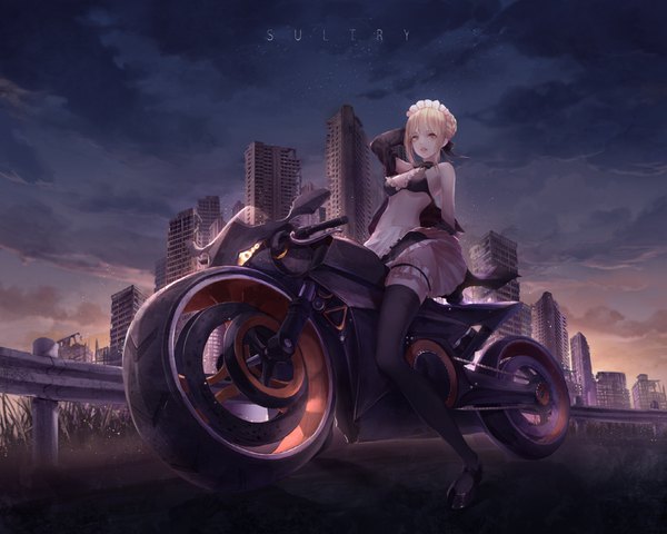 Anime picture 1600x1280 with fate (series) fate/grand order artoria pendragon (all) artoria pendragon (alter swimsuit rider) (fate) seol single looking at viewer fringe short hair breasts light erotic blonde hair hair between eyes sitting bare shoulders yellow eyes payot cleavage cloud (clouds) full body