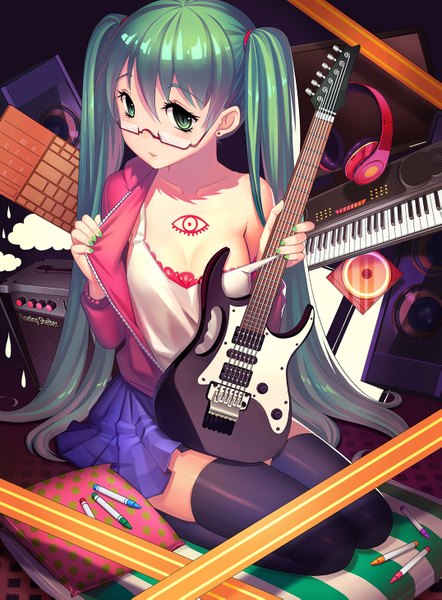 Anime picture 1075x1459 with vocaloid hatsune miku fiodo single tall image looking at viewer blush twintails very long hair aqua eyes aqua hair girl thighhighs skirt black thighhighs miniskirt glasses headphones guitar speakers