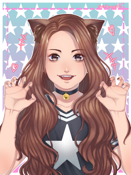 Anime picture 1200x1600 with original mintbunnygirl single long hair tall image looking at viewer blush open mouth brown hair brown eyes signed animal ears upper body nail polish arm up cat ears inscription cat girl fang (fangs) blue background