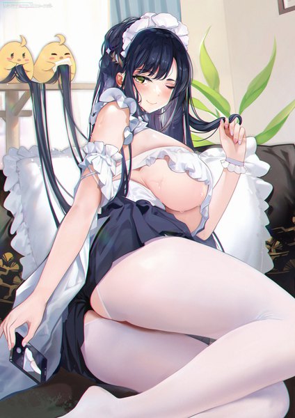 Anime picture 2122x3000 with azur lane manjuu (azur lane) indomitable (azur lane) indomitable (ms. motivationless maid) (azur lane) 504 gateway single tall image looking at viewer blush fringe highres breasts light erotic black hair smile large breasts holding green eyes bent knee (knees) ass
