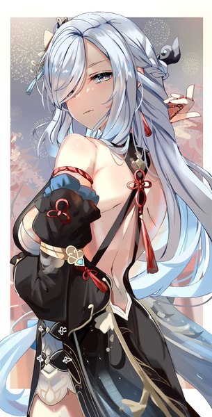Anime picture 1570x3088 with genshin impact shenhe (genshin impact) shenhe (frostflower dew) (genshin impact) bimmy single long hair tall image looking at viewer fringe breasts blue eyes light erotic standing silver hair long sleeves looking back from behind hair over one eye sideboob cherry blossoms