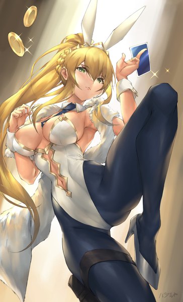 Anime picture 705x1160 with fate (series) fate/grand order artoria pendragon (all) artoria pendragon (swimsuit ruler) (fate) parfaitlate single long hair tall image looking at viewer blush fringe breasts light erotic blonde hair hair between eyes large breasts standing holding green eyes signed