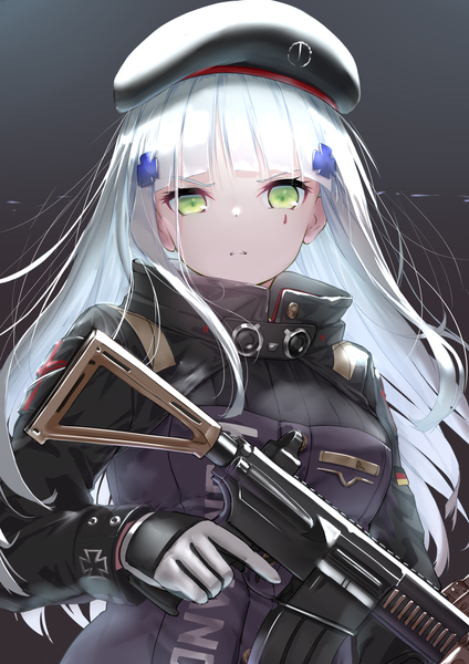 Anime picture 2894x4093 with girls frontline hk416 (girls frontline) kachayori single long hair tall image looking at viewer fringe highres simple background holding green eyes upper body white hair blunt bangs facial mark dark background revision trigger discipline girl