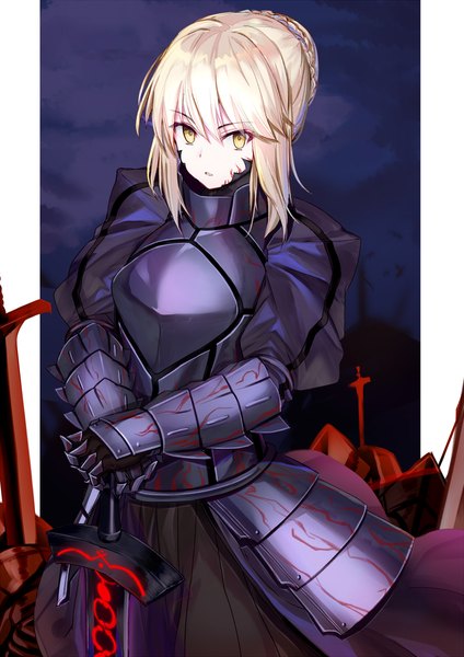 Anime picture 848x1200 with fate (series) fate/grand order fate/stay night artoria pendragon (all) saber alter ninoude (ninoude44) single tall image looking at viewer fringe short hair blonde hair hair between eyes standing holding yellow eyes payot cloud (clouds) braid (braids) parted lips